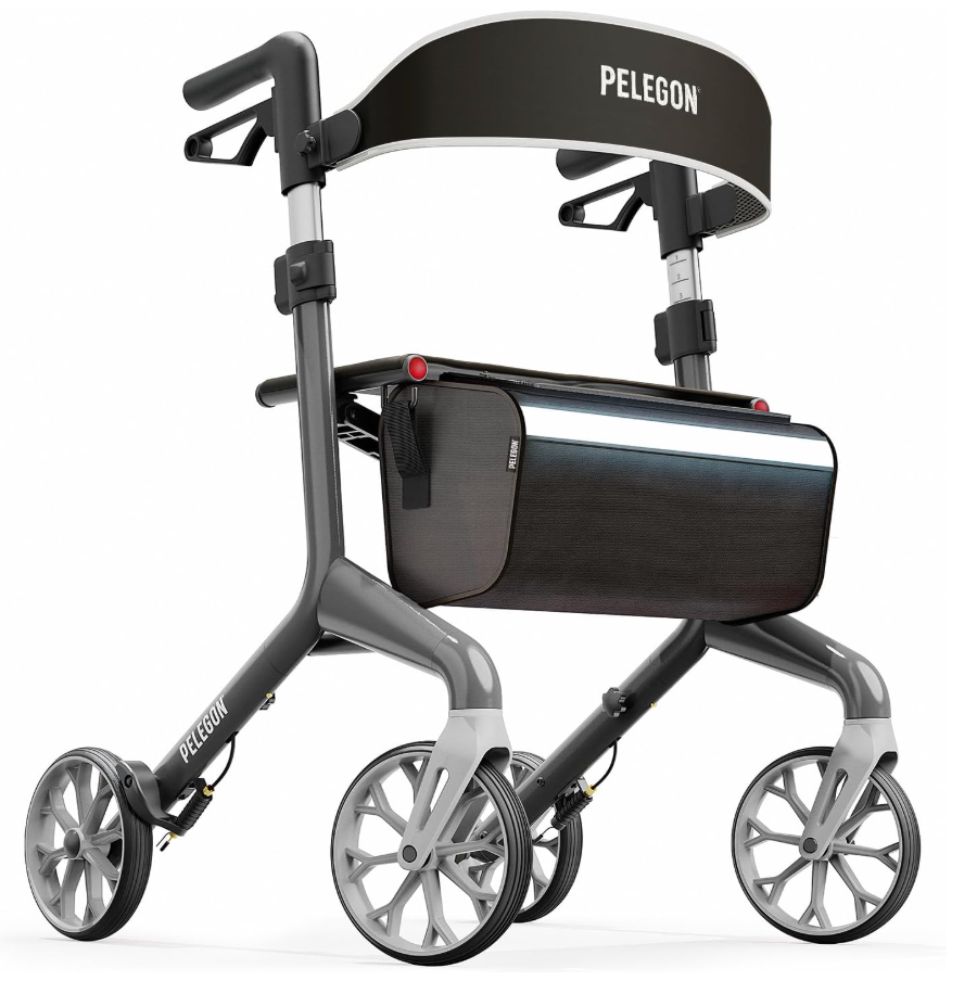 Pelegon Rollator Walker with Seat for Seniors – Lightweight Foldable Walker with Padded Seat & Backrest, Adjustable Handles, Reflective Frame, Carry Bag – Heavy-Duty 300lb Support - Grey