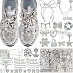 DoDoBeads 332 Pcs Junk Socks Charms Kit, Silver Shoe Charms for Sneakers, Pearl and Rhinestone Sock Charm with Safety Pins, DIY Accessories for Decorating and Personalizing Socks
