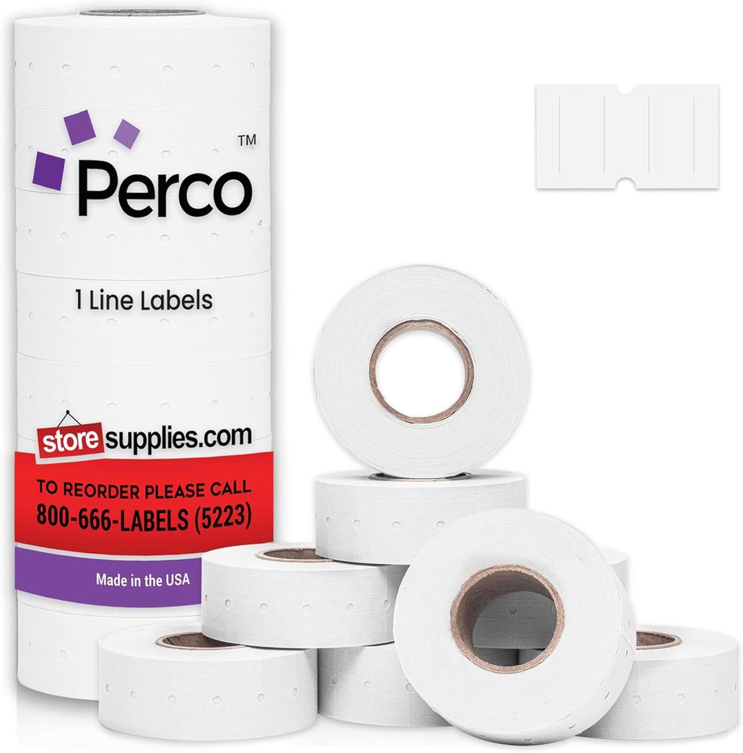 Perco 1 Line White Labels - 8 Rolls, 1 Sleeve, 8,000 Blank Price and Date Gun Labels for Perco 1 Line Price and Date Guns - Made in USA