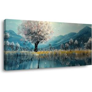 TEKMENT Pink Tree Wall art Mountain and Lake Boat Picture Nature Landscape Artwork Decor for Painting Framed Large Size for Living Room Bedroom Dinning Room Home Office Wall Decor Bedroom ( 20x40 Inches ) (40L" x 20W", Pink Tree By Lakeside Wall Art (S004))