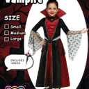 Girls Vampire Costume - Kids Black & Red Gothic Dress with High Collar for Halloween & Dress-Up (S)