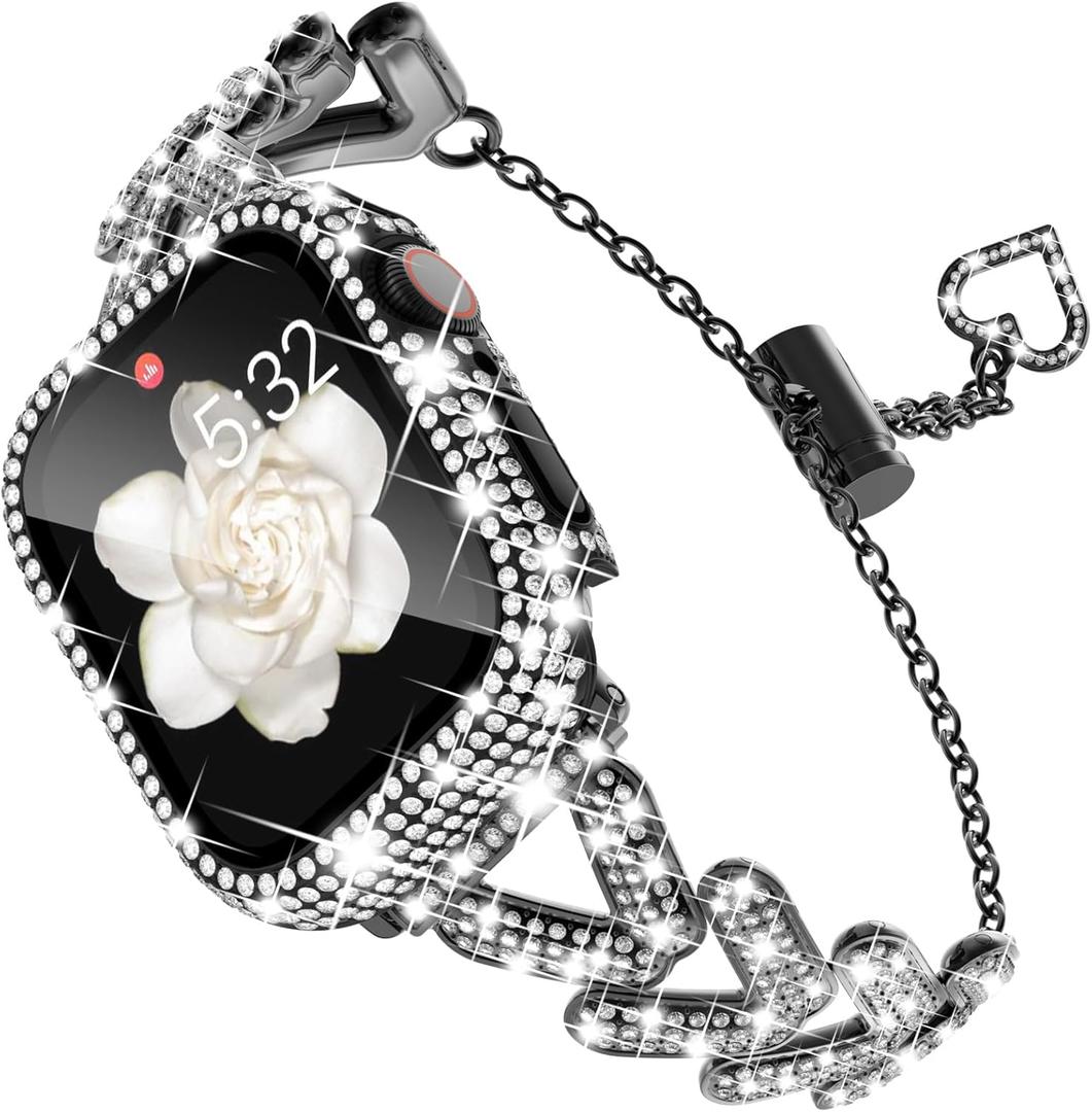 KADES Band & Case Designed for Apple Watch Series 46mm 45mm 44mm 42mm 41mm 40mm 38mm for Women, Metal Strap with Bling Rhinestone Screen Protector Cover for iWatch 10 9 8 7 6 5 4 SE SE2 3 2 1