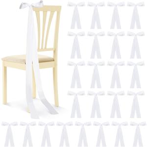 Rtteri 24 Pcs Satin Weeding Chair Bows Sashes with Ties White Chair Sashes Draping Ribbons Bows for Wedding Banquet Party Christmas Baby Shower Events Decoration