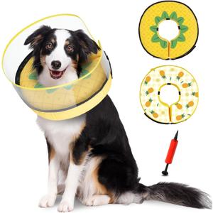 Inflatable Dog Cone,Adjustable Comfy Alternative to Cat Donut Collar After Surgery, Pet Cone for Small Medium Large Dogs with Removable Cover,Dual-Sided Pattern,Waterproof Fabric(S) (Yellow)