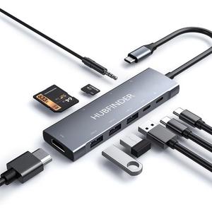 USB C Hub, HUBFINDER 9 in 1 USBC to HDMI with 4K, 100W Power Delivery, 3 USB3.0 and USB-C 5 Gbps Data Ports, SD/TF Card Reader, 3.5mm Headphone Jack, for MacBook Air, MacBook Pro,iPad Pro