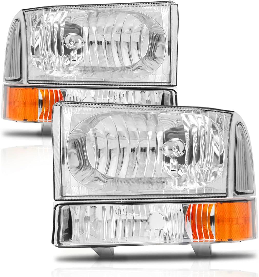 Headlights Assembly Fit for 1999 2000 2001 2002 2003 2004 Ford F250 F350 F450 F550 Super Duty/2000-2004 Ford Excursion with Corner Bumper Set Chrome Housing Amber Reflector Replacementh