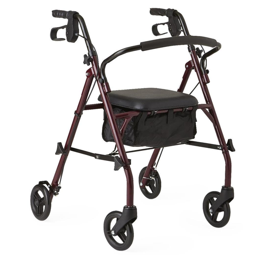 Medline Steel Rollator Walker with Seat, Burgundy, 350 lb. Weight Capacity, 6 Wheels, Foldable, Adjustable Handles, Rolling Walker for Seniors, Walker for Mobility Impaired