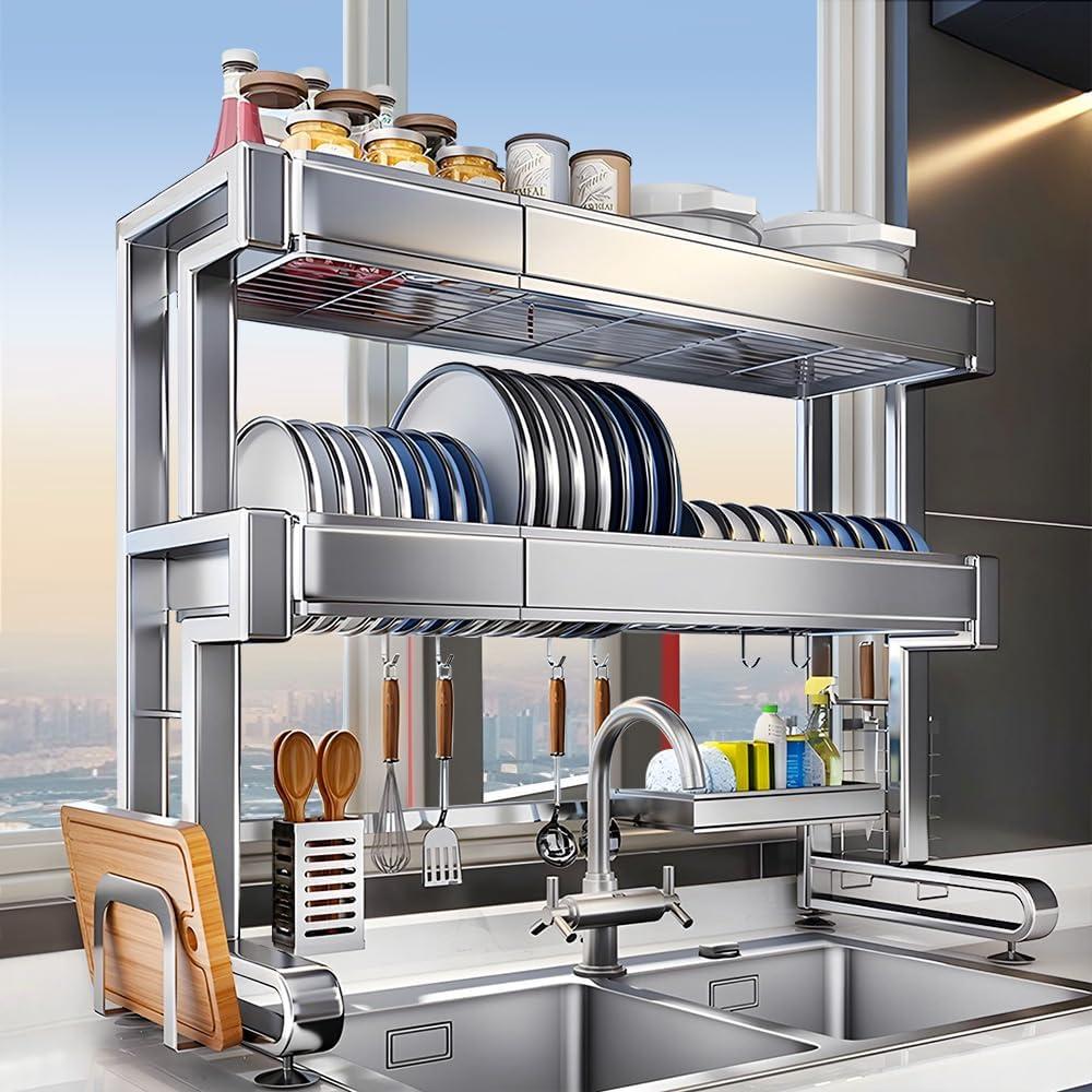 3-Tier Over The Sink Dish Drainer Drying Rack, Adjustable Stainless Steel Dish Drying Rack with Length (23'' to 40''), Large Over The Sink Dish Drying Rack Kitchen