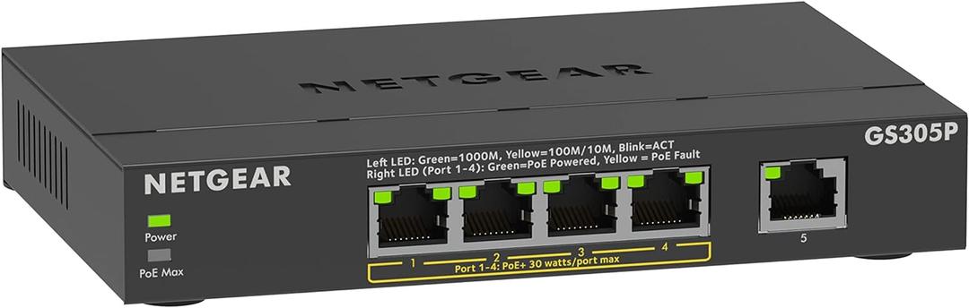 NETGEAR 5-Port PoE Gigabit Ethernet Unmanaged Essentials Switch (GS305P) - with 4 x PoE+ @ 63W, Desktop or Wall Mount