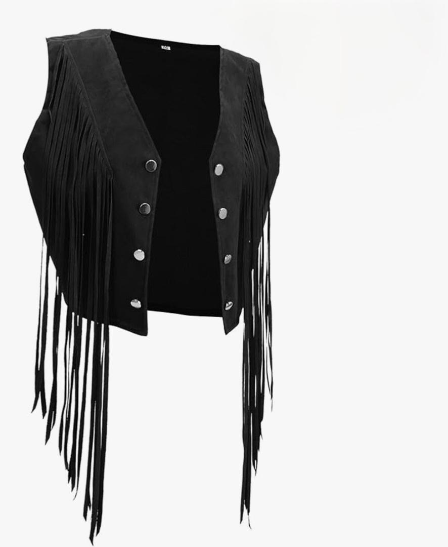 Yaomiao 70s Hippie Womens Fringe Vest Western Felt Cowgirl Costume Rivets Sleeveless Faux Suede Tassels Jacket, M