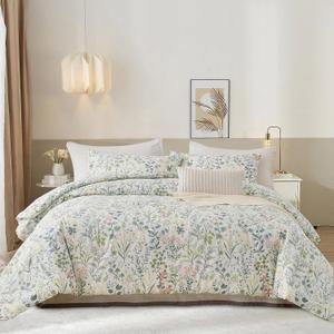 EAVD Vintage Style Botanical Floral Comforter Set Queen Soft Chic Colorful Spring Floral Bedding Set with 2 Pillowcases Fresh Garden Botanical Comforter Set for All-Season (Queen(90"x90"))