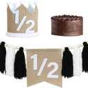 Black and White Half Birthday High Chair Banner,Wood Bead Tassel Garland,1/2 Birthday Crown Hat,6 Months Photo Backdrop,Wall Hangings Decorative For Kids Bedroom Nursery