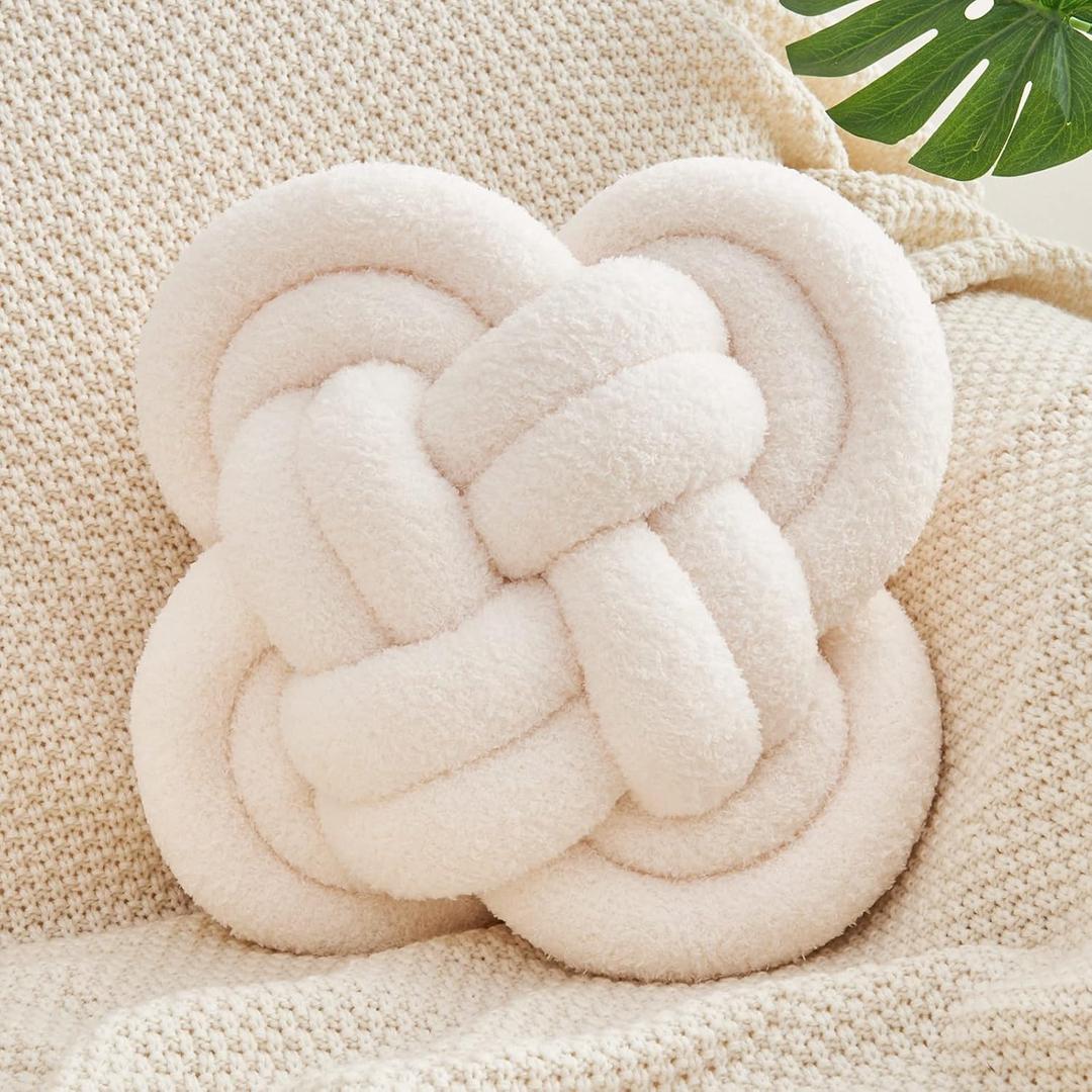 Xiashrk Knot Pillow, 12" Soft Decorative Throw Pillows for Couch Bed, Gray Pink Knotted Plush Throw Pillow Handmade Square Cushion Home Decor Pillows (Ivory White, 12 Inches X12 Inches)