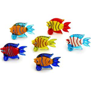 HDCRYSTALGIFTS Miniature Hand Blown Tropical Fish Figurine Handmade Art Glass Sea Animals Collection, Set of 6 (Multicolor)