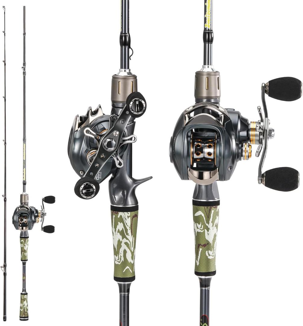 Sougayilang Baitcaster Combo, 2-Piece M/MH 30+24Ton Graphite Rod, 7.0:1 Gear Ratio, 11+1 Bearings Reels for Inshore Bass, Trout, Walleye, Catfish (One Pack)