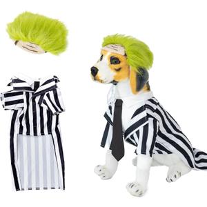2 x Black Striped Dog Suit wit Green Wig Scientist Dog Costume Pet Costume Cosplay Clothes Outfit Accessories Party Favors (Small, Striped Clothes with Wig)