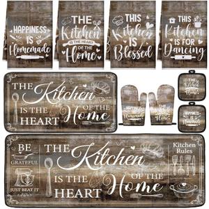 Fourluoo 10 Pcs Farmhouse Kitchen Decor and Accessories Set 4 Kitchen Towels 2 Pot Holders 2 Oven Mitts 2 Rugs for Cooking Baking Mom Housewarming Gifts(Brown Gray,Classic Style)