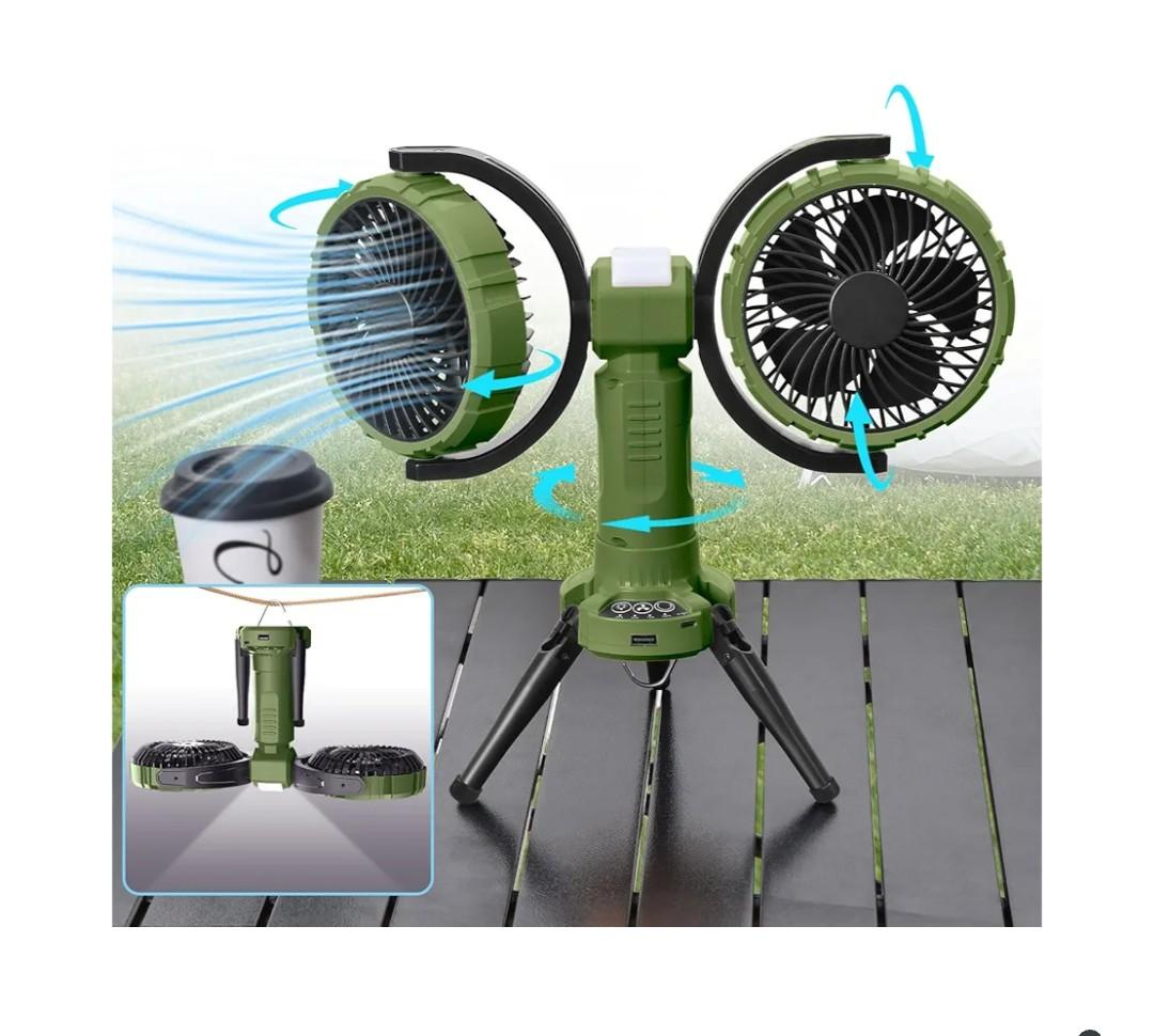 Outdoor Camping Fan With Light - Oscillating Battery Powered Fan For Camping With Hanging Hook For Beach Travel Picnic Fishing Outdoor- Green