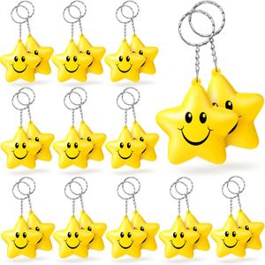 24 Pack Star Stress Keychains Bulk for Adults, Smile Face Stress Relief Keychains, Foam Fidget Squeeze Sensory Stretchy Toy Gifts Party Favors for Coworker Classroom Prize Basket Stuffers(Yellow)