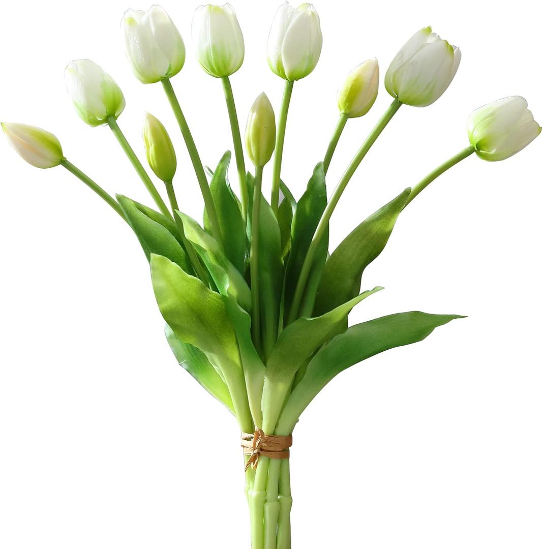 Artificial Flowers 10pcs Fake Tulips Real Touch, Faux Latex Tulips Flowers with Gift Box Soft Faux Tulips Bouquets Arrangements for Party Wedding Home Room Decoration(White)