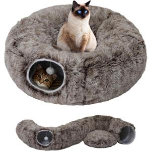 Cat Tunnel Bed for Indoor Cats with Washable Cushion Cat Cave Donut Tunnel with Fluffy Ball Big Round Tube Pet Playground Toys Soft Plush Peekaboo for Kitten, Cat, Puppy, Rabbit, FerretBrown