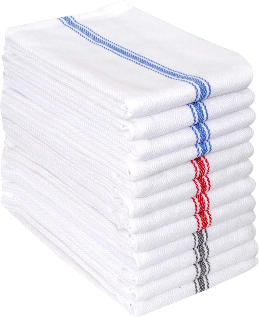 AMOUR INFINI Cotton Kitchen Towels Set of 12 - Highly Absorbent, Super Soft Tea Towel with Hanging Loops - Extra Large Quick Dry Commercial Restaurant Towel (16x28 Inch - Multicolor) (12 Pk Herringbone Stripe, Assorted)