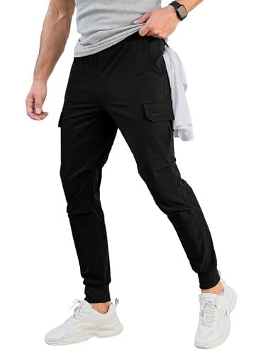 Comdecevis Men's Cargo Jogger Pants Stretch Sweatpants Slim Fit Tactical Pants with Zipper Pockets Casual Trousers Black Large