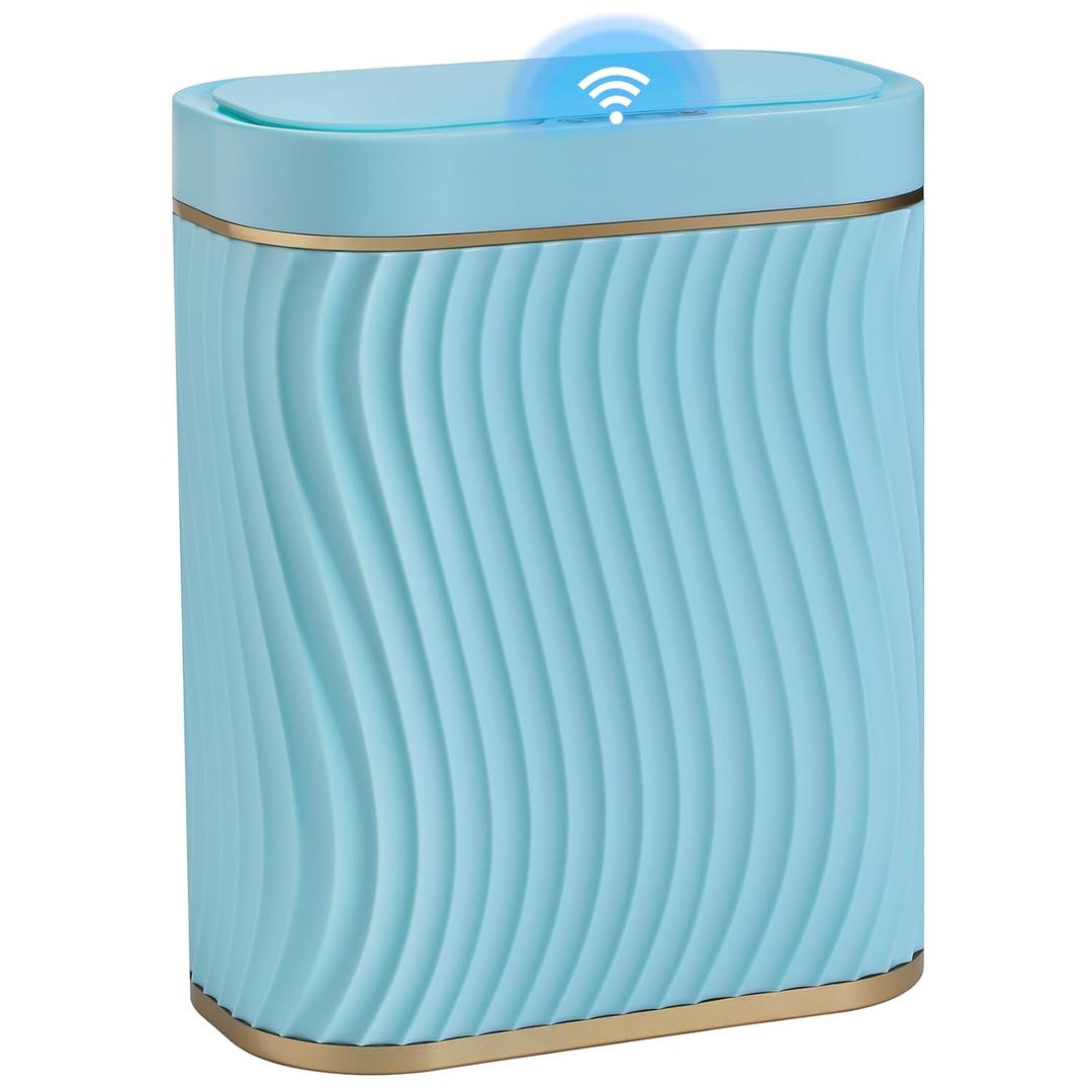 steo spce Bathroom Small Trash Can with Automatic Touchless Lid, 2.6 Gallon Smart Garbage Can Narrow Waterproof Trash Bin for Bedroom, Office, Living Room (Gold Blue)