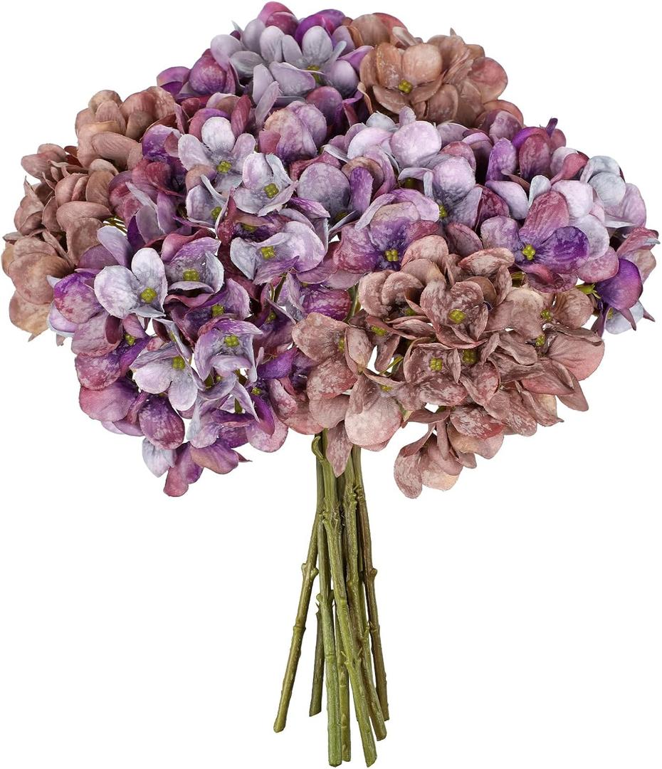 9 Pcs Fall Hydrangea Artificial Flowers for Decoration, Fall Artificial Flowers Floral Stems for Centerpieces, 12.5" Falls Silk Flower Fake Flower Bouquet for Autumn Farmhouse Wedding Decor, Purple