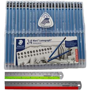 Wooden Pencil By Staedtler Mars Lumograph - Pack of 24 Degrees in Practical Plastic Storage Box With 6" and 8" Aluminum Ruler