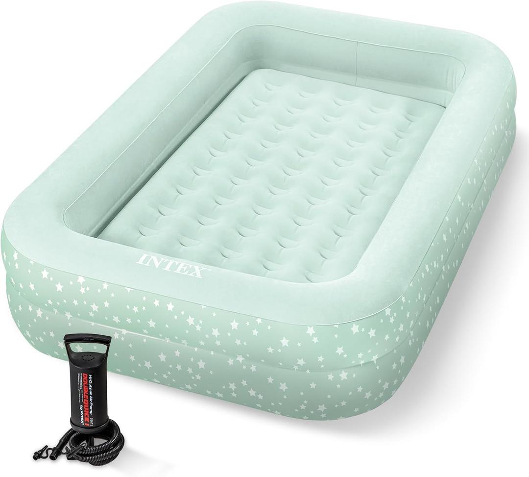 Intex Kids Travel Air Mattress Inflatable Bed with Raised Sides and Hand Pump - Portable Blow-Up Toddler Traveler Bed for Children's Naps or Sleep, 66"L x 42"W x 10"Th