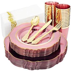 KIRE 210Pcs Clear Pink Plastic Plates with Gold Rim - Disposable Pink Plates for Party - 30 for Dinner 30 for Dessert 90 Silverware 30 Napkins 30Cups for Upscale Wedding/Party/Baby Shower