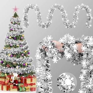100 ft Christmas Tinsel Garland Metallic Garland Light Glittering Decoration for Valentine Birthday Wedding Party Holiday Festivities Indoor Outdoor Home Supplies(Silver, Snowflake)