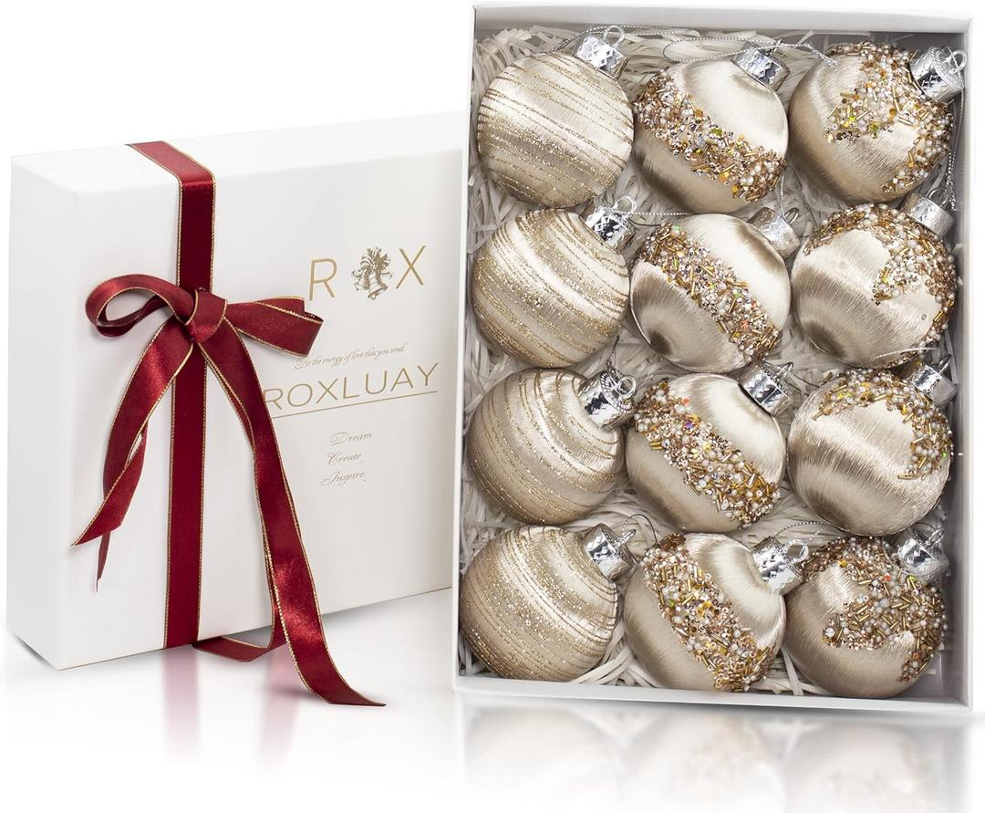 12Pcs 4 Silk Christmas Ball Decorations, Satin Christmas Tree Ornaments, Luxury Vintage Hanging Christmas Home Decor for Xmas Holiday Wedding Party Decoration (Champagne)