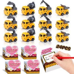 Valentines Day Gifts for Kids Classroom, 24 Pack Valentines Gfit Cards with Construction Vehicles Toys for Kids Ages 3-12 School, Funny Valentine Exchange Gift for Boys Girls Toddler Party Favors