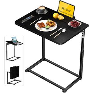 Tv Tray Table,Extra Large Dinner Food Tray Table,Couch & Bed Eating Desk,Heavy Duty Folding Laptop Side Table with 8Height & 90 Tilt Adjustable,C-Shaped End Table with Phone/Tablet Slot Black