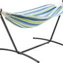 Amazon Basics Double Hammock with 9-Foot Space Saving Steel Stand and Carrying Case, 2 Person, 450 lb Capacity, Cotton Polyester, Oasis Stripe, 110" x 47" x 43"