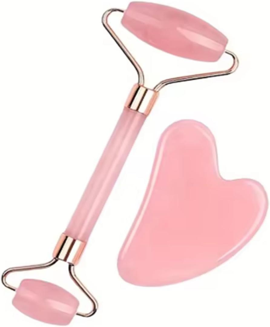 Rose Quartz Facial Roller and Gua Sha Stone Set, Pink Jade Face Massage Tools for Skin Care, 2 Piece Set