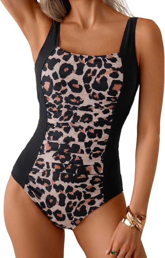 Women's One Piece Tummy Control Swimsuit Ruched Slimming Bathing Suit Color Block Swimwear (Medium, Black Leopard)