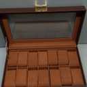 Watch Case Box for Men  14 Slots Watch Display Organizer with 6-Compartment Eyeglasses Storage, Real Glass Lid 2-Layer PU Leather Collection Holder Gift for Loved Ones Brown