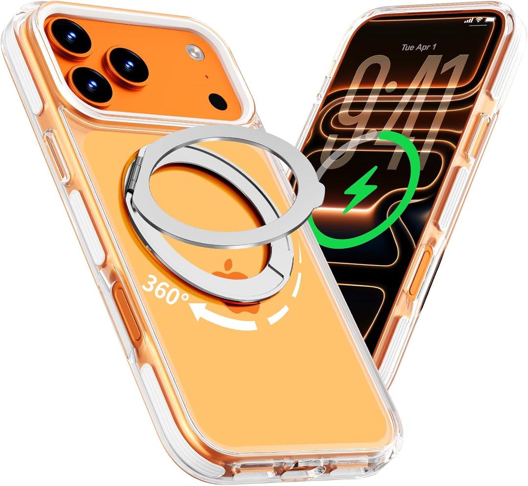 Magnetic for iPhone 17 Pro Case with 360 Spin Stand, Compatible with MagSafe, Military-Grade Protection, Detachable Strip, Anti-Yellowing Clear Phone Case for iPhone 17 Pro 6.3", White