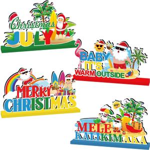 4pcs Summer Christmas Decorations Wood Table Centerpieces Baby It's Warm Outside Merry Christmas Party Table Decorations Mele Kalikimaka Santa Claus Style Tabletopper