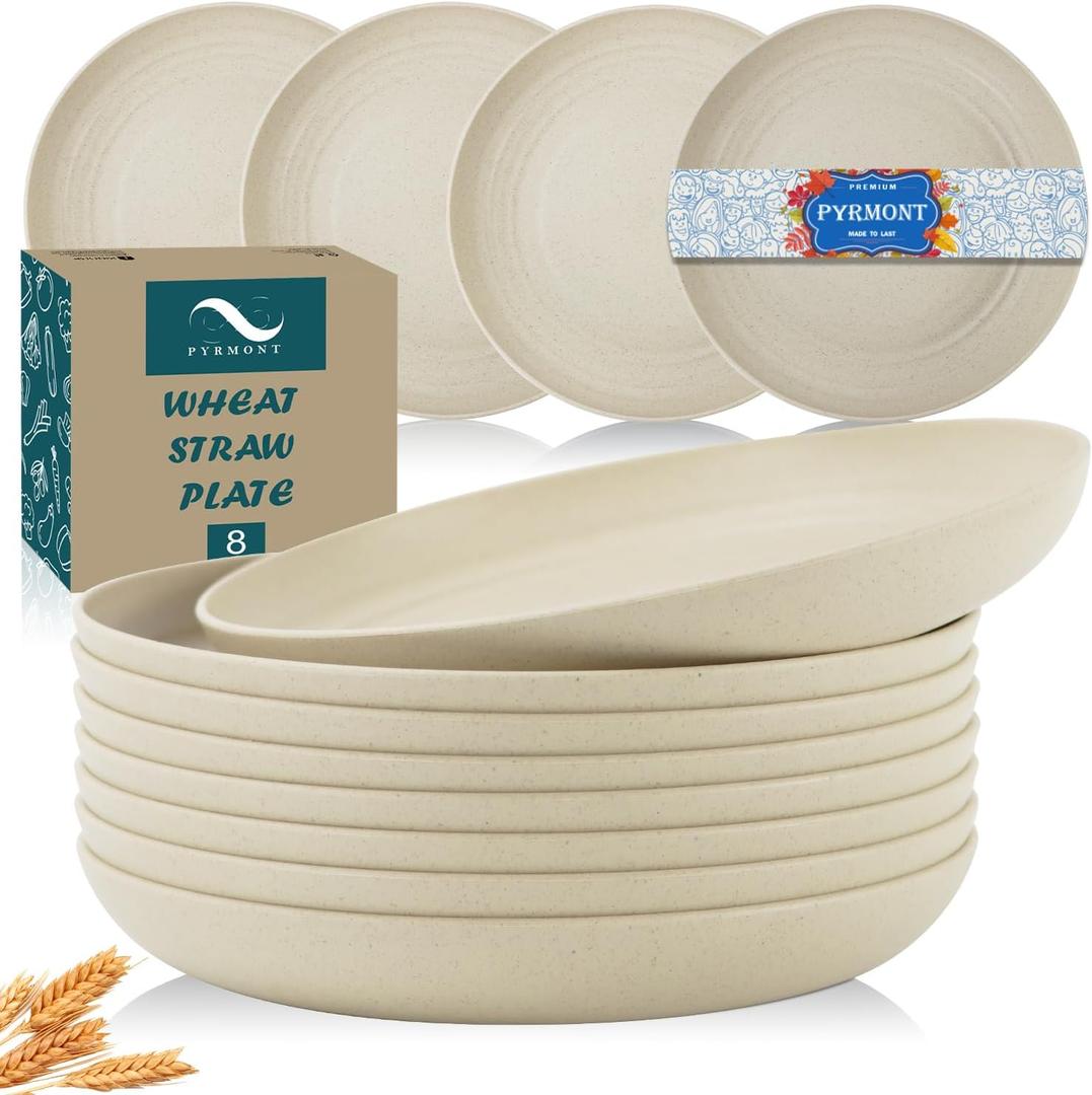 PYRMONT Dinner Plates Set of 8 Unbreakable Wheat Straw 10-inch Large Plates Plastic Reusable Dishwasher and Microwave Safe for Kids - Beige