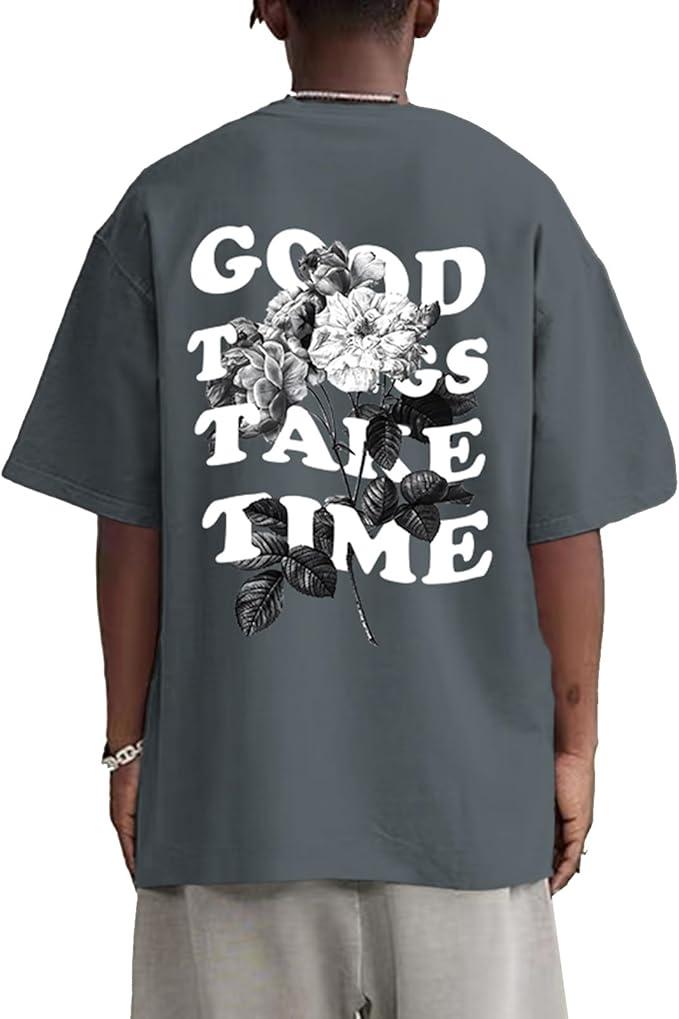 Werbavi Vintage Graphic Tees for Men Oversized Floral Letter Print Retro Streetwear T Shirts Casual Loose Fit Cotton Tops, L