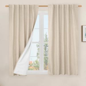 LAMIT 100% Blackout Short Linen Curtains 48 Inches Long, Linen Textured Thermal Curtains Back Tab and Rod Pocket Neutral Panels with White Liner for Small Window, 2 Panels, 42 x 48 Inch, Linen