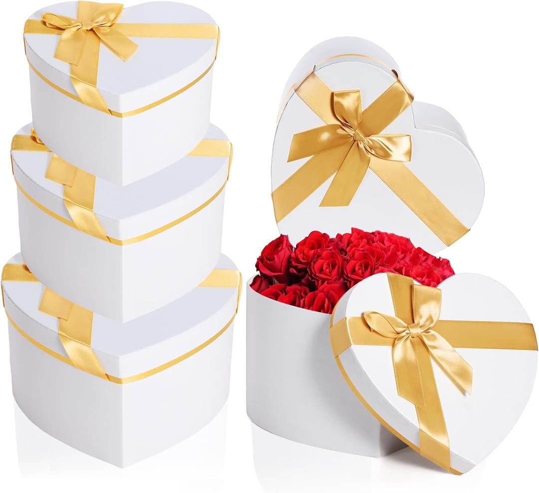 Resurhang White 4 Pcs Valentines Heart Shaped Gift Box with Lid for Flower Arrangement Large Present Gift Box for Valentine's Day Wedding Birthday Anniversary Party (Classic)