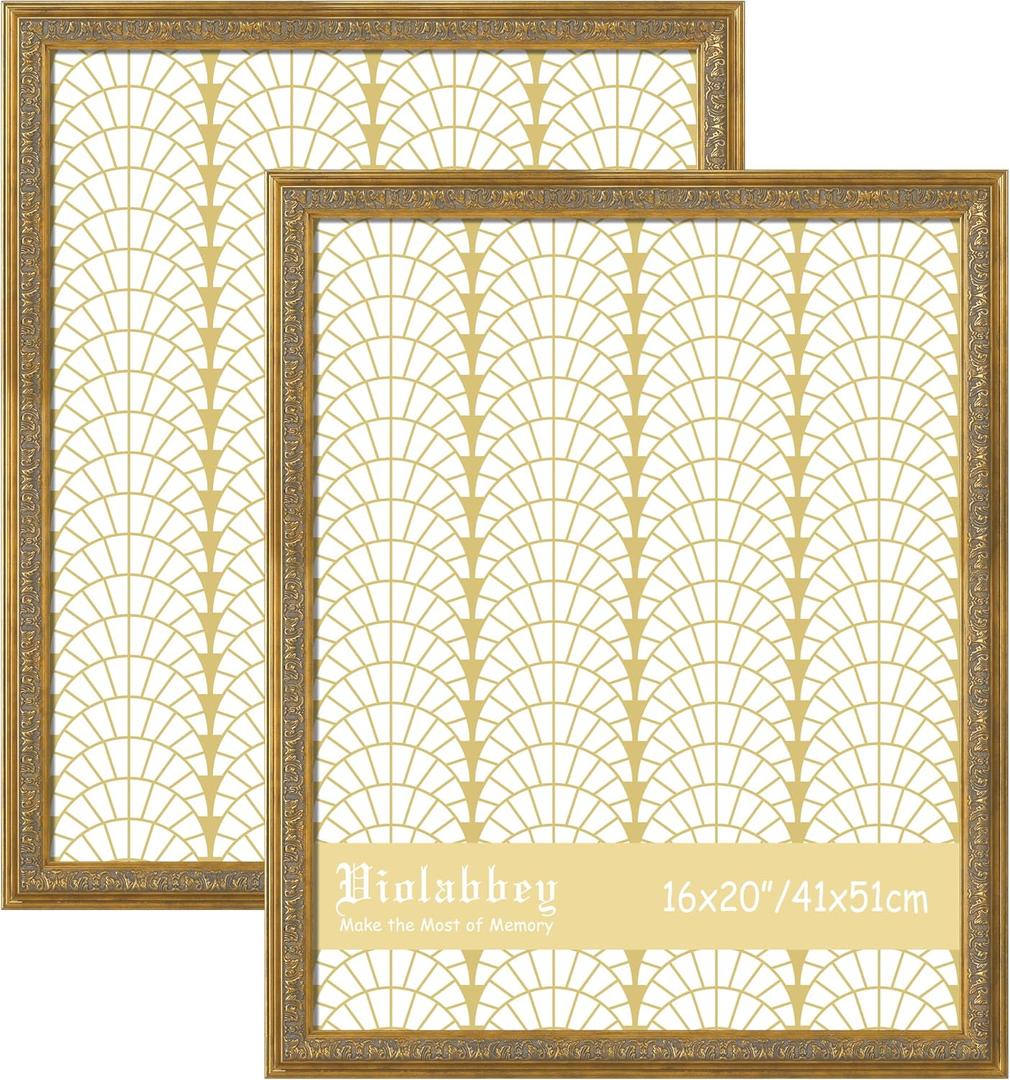 VIOLABBEY 16x20 Gold Frame 2Pack, Vintage Poster Frames Ornate without Mat | Gold Picture Frames, Vintage Antique Design for Wall Hanging, HD Plexiglass, Wall Decor