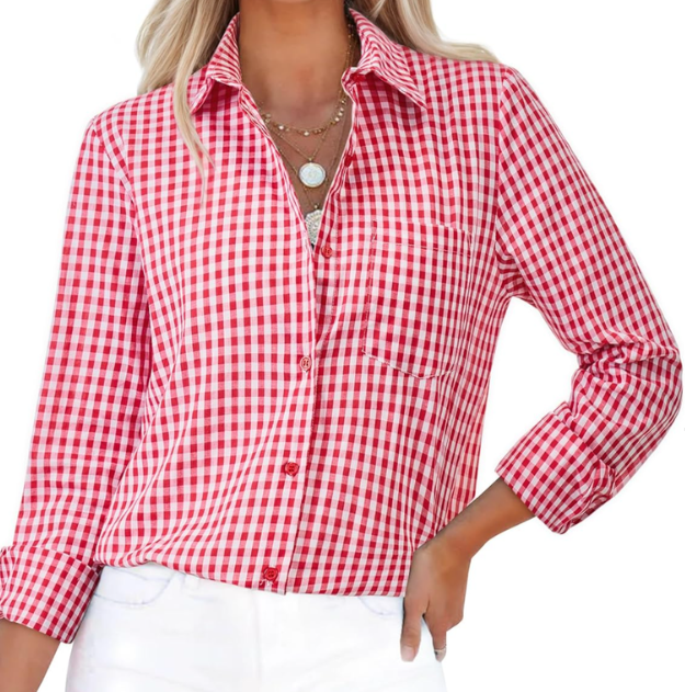 siliteelon Button Down Shirts for Women Gingham Top Plaid Long Sleeve Dress Shirts Cotton Fitted Casual Work Collared Blouse, 4XL