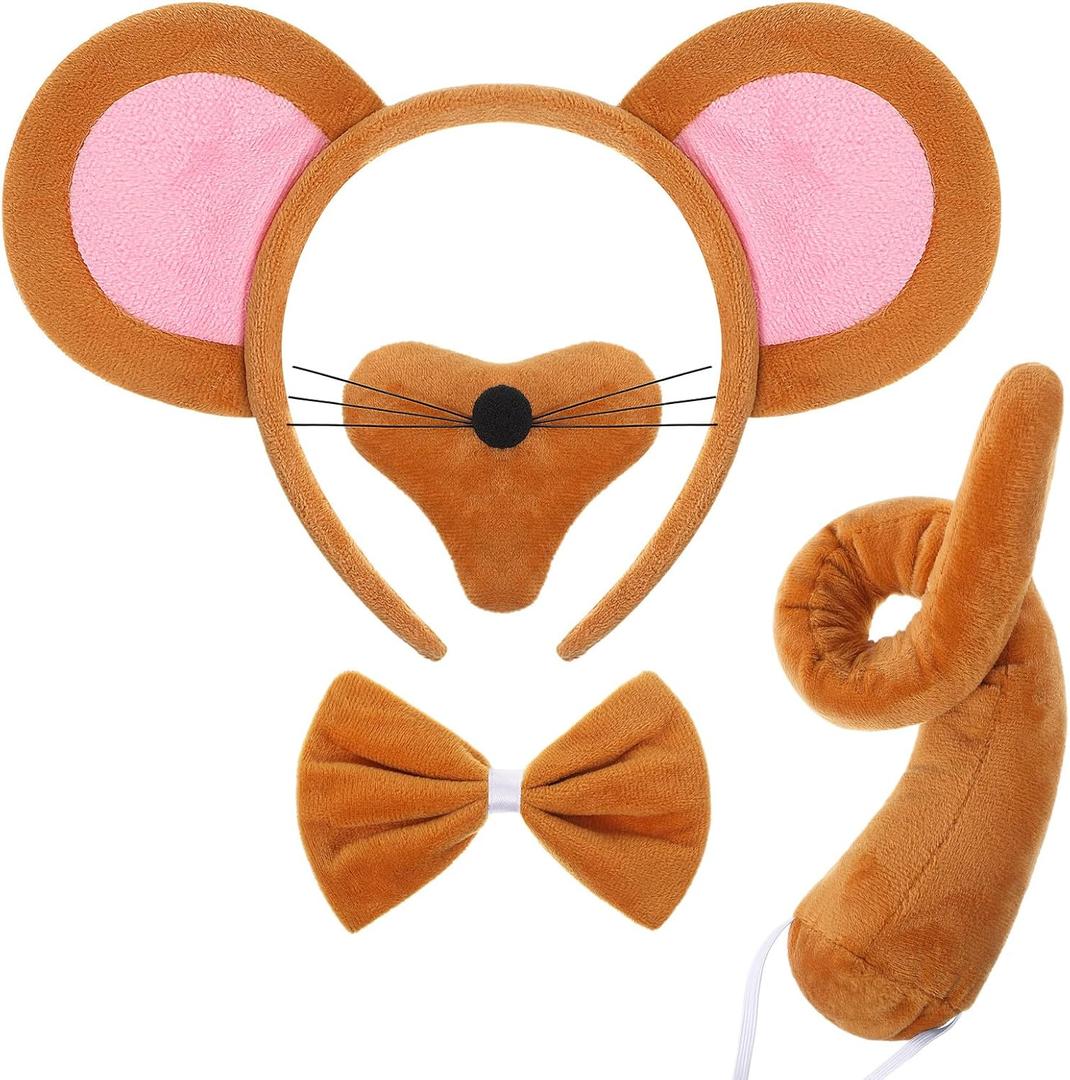Norme Mouse Costume Accessory Set Rat Ear Headband Nose Tail and Bow Tie for Adults Halloween Animal Cosplay Party(Brown)