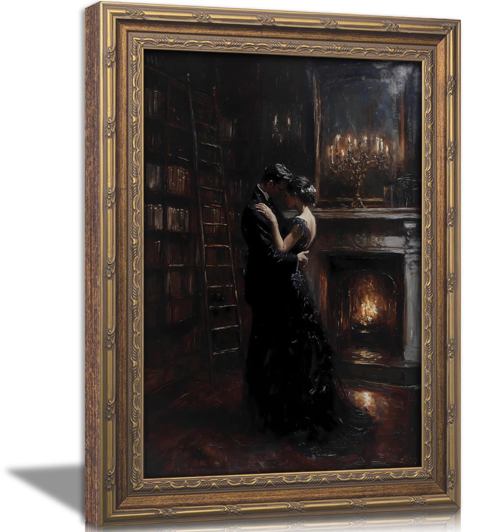 Vintage Gold Framed Gothic Wall Art, Victorian Romantic Couple Dancing Painting Canvas Print, Dark Academia Picture Wall Decor, Moody Bookstore Poster Artwork for Living Room Bedroom